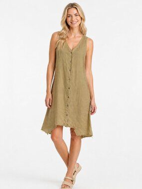 Linen Dress Gold Tan Lagenlook Pockets Beach Summer Small